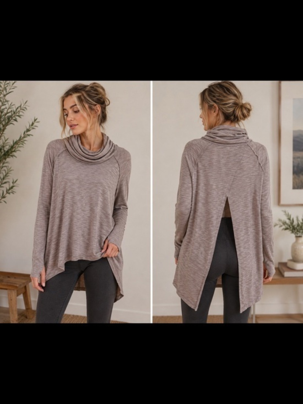 Free People XS Taupe Cowl Neck High-Low Split Back Tunic Top